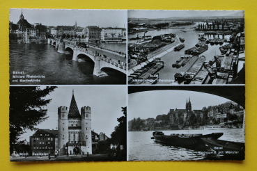 Ansichtskarte Basel / Ortsansichten / 1950er Jahre / Brücke – Tram – Kleinhüninger Rheinhafen – Spalentor